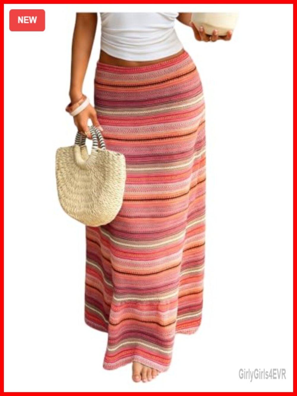 Striped Crochet Knit Maxi Skirt Elastic Waist Boho Summer